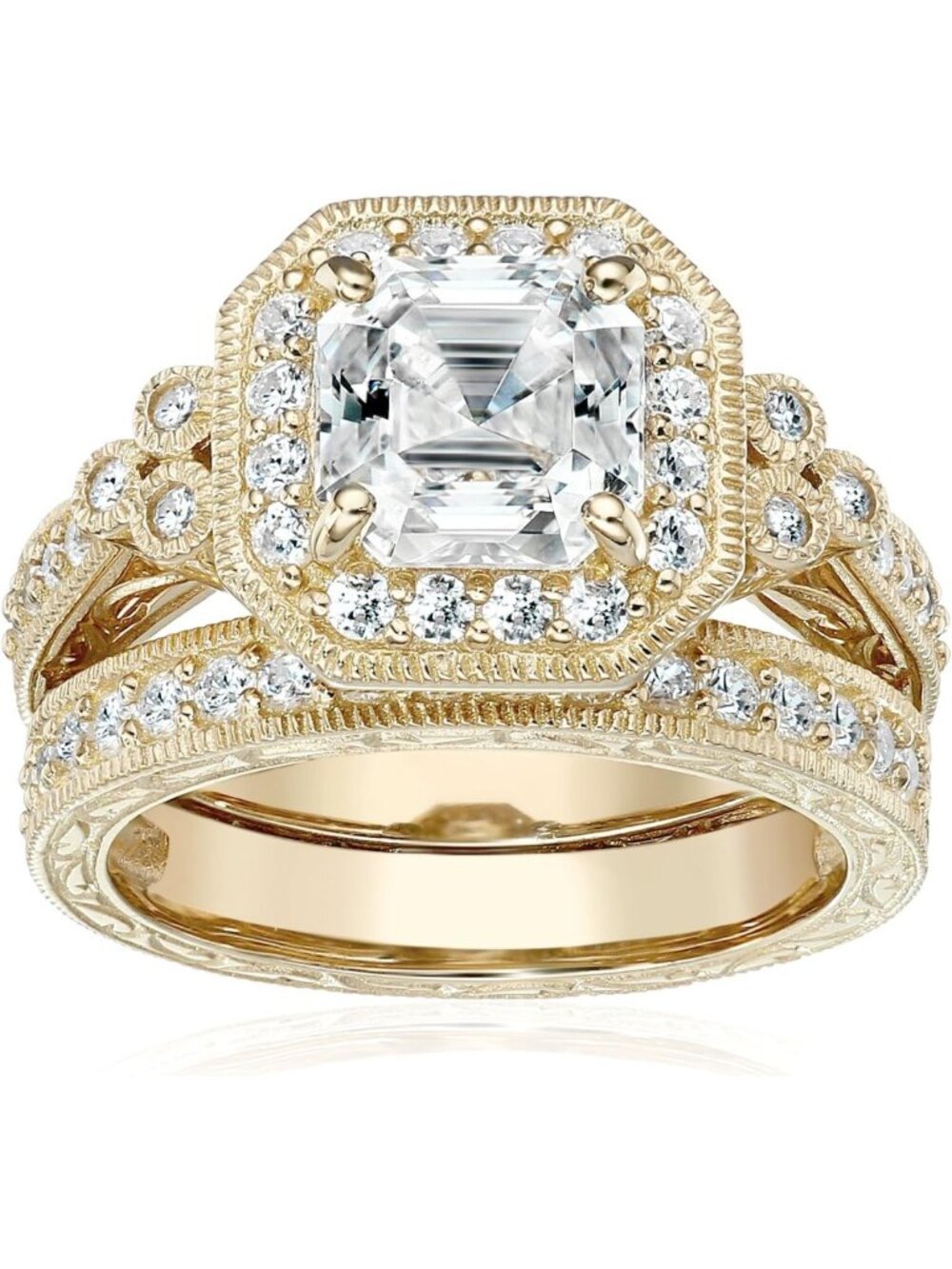 Antique Sterling Silver Ring Set with Asscher-Cut Cubic Zirconia - Gold/Silver